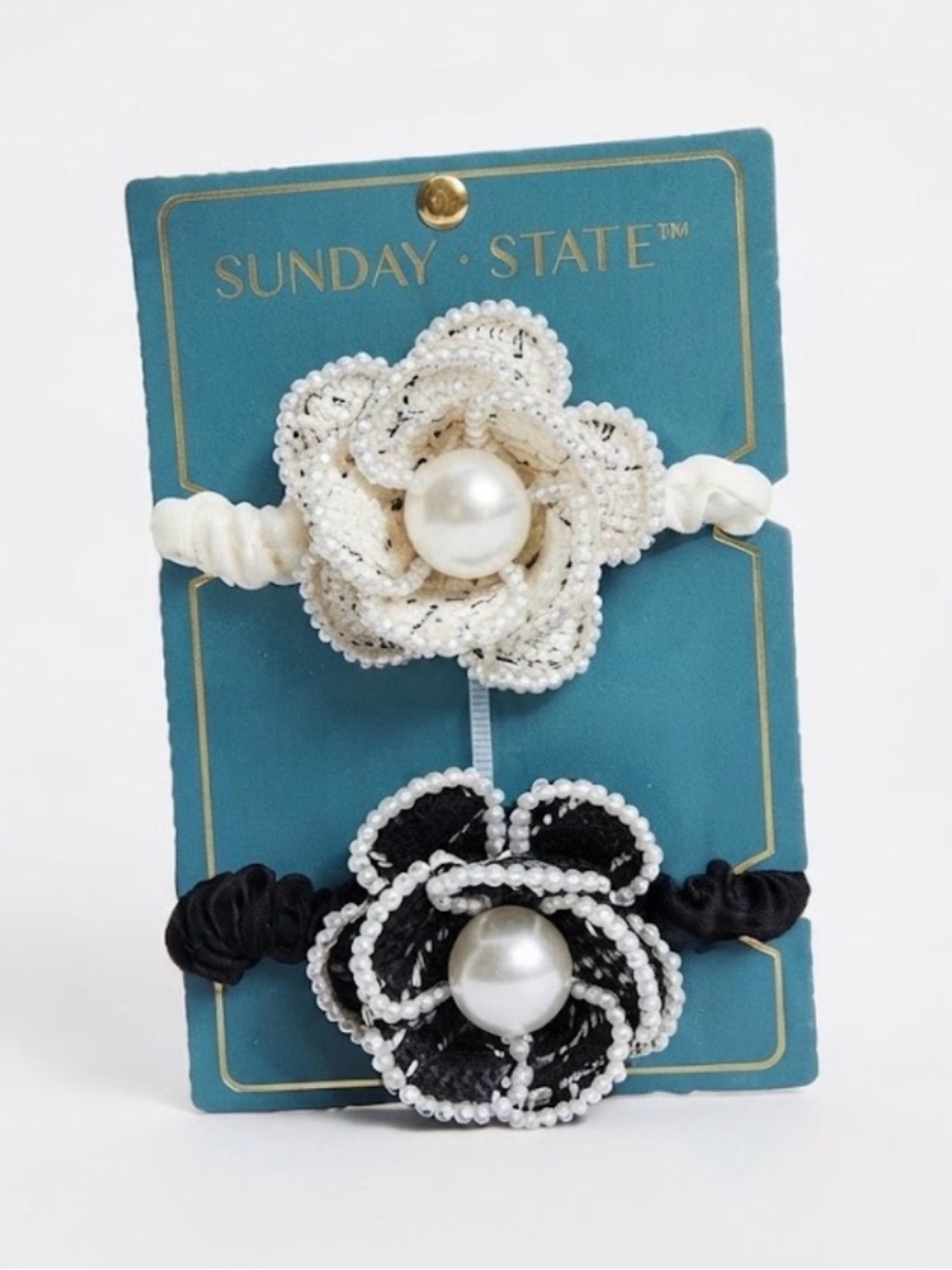 NWT ⚜️🖤⚜️ Sunday State Tweed pearl Trimmed Floral Hair Ties Set of 2